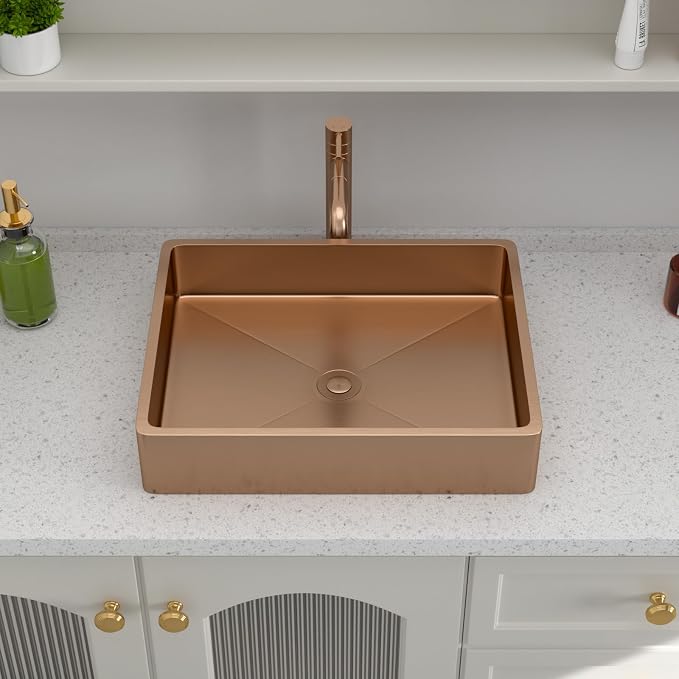 Logmey 19" Shallow Bathroom Vessel Sink 19x15 Rose Gold 16 Gauge Stainless Steel Handmade Above Counter Bathroom Sinks Rectangle Vessel Sink with Pop-up Drain Set