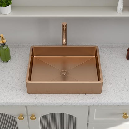 Logmey 19" Shallow Bathroom Vessel Sink 19x15 Rose Gold 16 Gauge Stainless Steel Handmade Above Counter Bathroom Sinks Rectangle Vessel Sink with Pop-up Drain Set