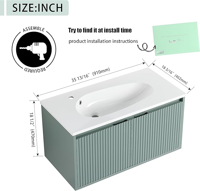 36 Inch Bathroom Vanity with Sink, 36" Floating Vanity, Premium Plywood Wooden Bathroom Cabinet with Soft Close Doors and Waterdrop-Shaped Resin Sink, Modern Wall Mounted Cabinet Set (Stripe Pattern)