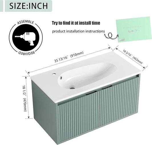 36 Inch Bathroom Vanity with Sink, 36" Floating Vanity, Premium Plywood Wooden Bathroom Cabinet with Soft Close Doors and Waterdrop-Shaped Resin Sink, Modern Wall Mounted Cabinet Set (Stripe Pattern)