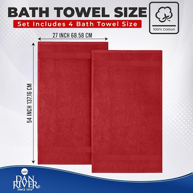 DAN RIVER 600 GSM Cotton Large Bath Towels Set of 4, 27 x 54 Inches, Red | Larger & Lighter Weight Towels for Bathroom - Highly Absorbent & Quick Dry 100% Cotton Bath Towel Set for Home, Spa & Hotel