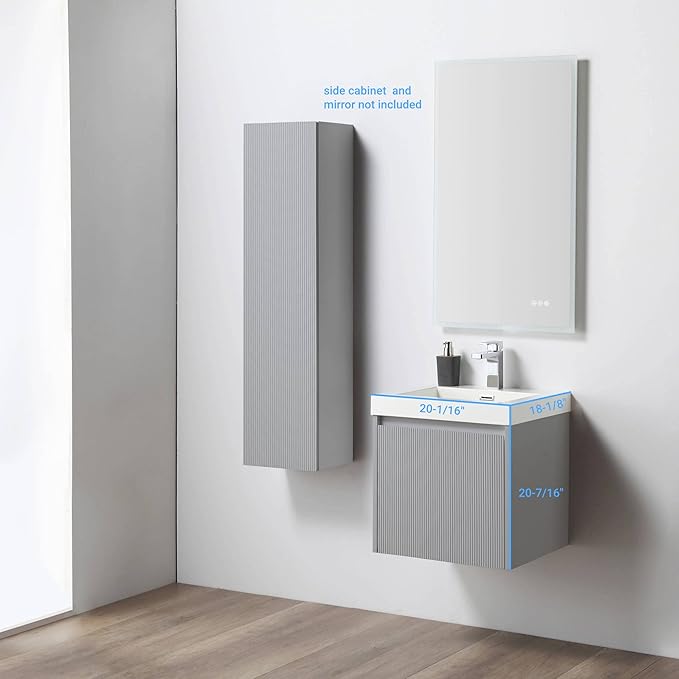 Blossom 20 Inch Bathroom Vanity with Sink | All Wood Wall Mounted Floating Bathroom Vanity Cabinet | Soft-Close Drawer | Modern Minimalist Style Vanities (20" w/Acrylic Sink, Light Grey)