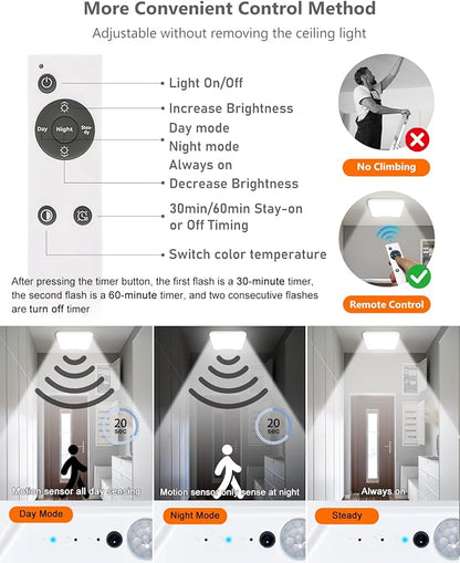 Rechargeable Motion Sensor Ceiling Light with Remote, Dimmable Magnetic Mount Closet Light, 7000mAh Battery Operated LED Shower Light, 3 Color Temperatures for Bathroom, Stairs, Hallway, Garage,Pantry