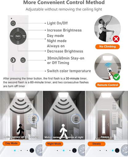 2 Pack Rechargeable Motion Sensor Ceiling Lights for Hallway (Square) | Magnetic Mount Dimmable Closet Light with Remote, 7000mAh Battery Operated, 3 Color Modes, Wireless Installation