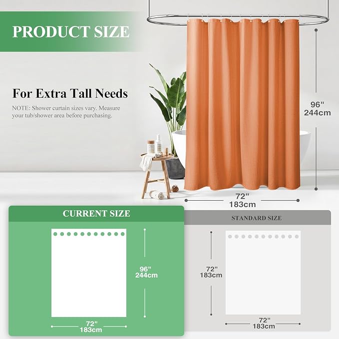 Extra Long Waffle Shower Curtain 256 GSM Fabric 72x96 Burnt Orange | 96 Inch Tall, Thick Cloth, Weighted Hem, Water Repellent, Hotel Luxury Polyester Shower Curtain Set for Bathroom 12 Hooks