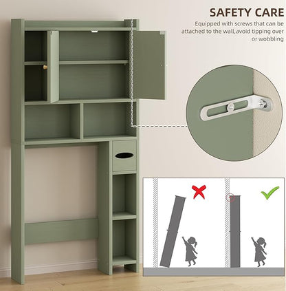 Shintenchi Over the Toilet Storage Cabinet, Bathroom Storage Cabient with Barn Doors, Bathroom Storage Shelf Organizer with Toilet Paper Holder, Adjustable Shelf and Anti-Tip Device, Green