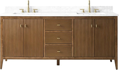 HOMEBEYOND 72" Bathroom Vanity with Double Sink, Solid Wood Bathroom Vanity Free-Standing Cabinet, Ceramic Top & Soft Closing Door, Golden Brushed Handware, Walnut