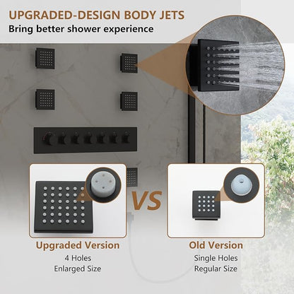 CASAINC 35x16 Inch Thermostatic Shower System Luxury 6 Functions Full Body Shower System, Multifunctional Shower Jets System with Sliding Rod 2 in 1 Handheld, LED & Music (Matte Black)