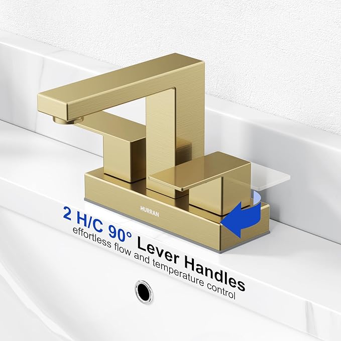 Bathroom Sink Faucet, Hurran 4 inch Brushed Gold Bathroom Faucets for Sink 3 Hole with Pop-up Drain and Supply Lines, Stainless Steel 2-Handle Faucet for Vanity RV Restroom