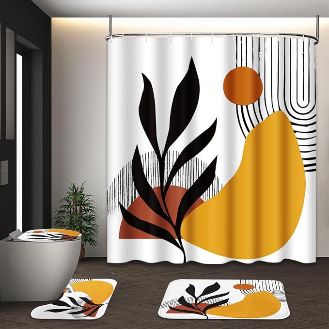 Bathroom Sets with Shower Curtain and Rugs, 4 Pcs, Geometric Boho | Botanical Minimalist Midcentury Bathroom Decor Set with Toilet Lid Cover, Non-Slip Bath Mats and Accessories 12 Hooks