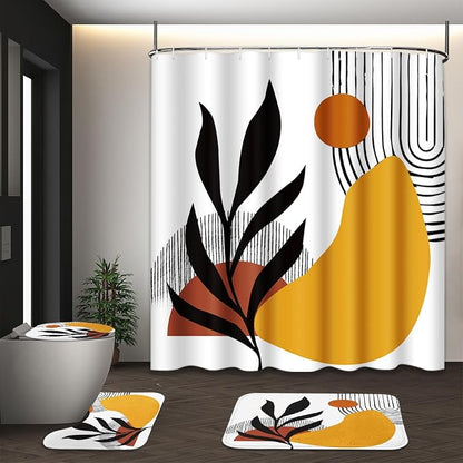 Bathroom Sets with Shower Curtain and Rugs, 4 Pcs, Geometric Boho | Botanical Minimalist Midcentury Bathroom Decor Set with Toilet Lid Cover, Non-Slip Bath Mats and Accessories 12 Hooks