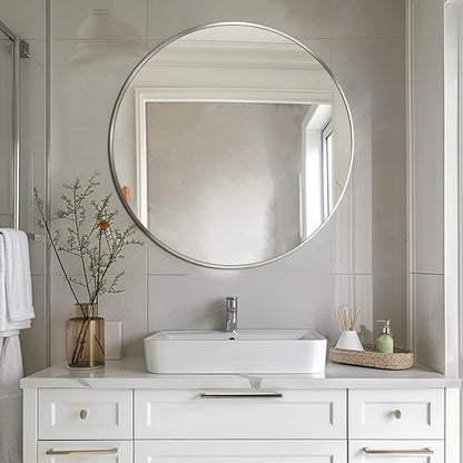 Large Round Mirror,30 inch Circle Mirror,Brushed Silver Metal Frame | High Definition Mirror, Rust-resistant, Easy Installation, Circular Mirrors for Living room Cloakroom, Hallway, Bathroom