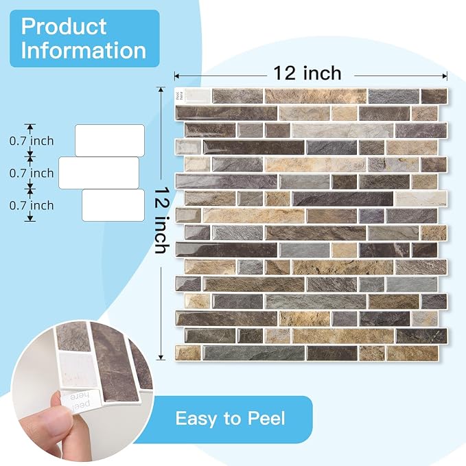 Art3d Linear Tile Peel and Stick Backsplash, 10-Pack, Vintage Sandstone | 12 x 12 Inch, Enhanced Thickness, Warp Resistant, Strong Adhesion, Sturdy, for Kitchen, Bedroom, Ideal for Home Improvement