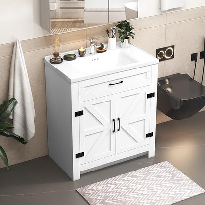30.9 inch Bathroom Sink Vanity Combo, Small Freestanding Single Bath Vanity Sink Set with 2 Doors, White Single Basin Bathroom Storage Cabinet