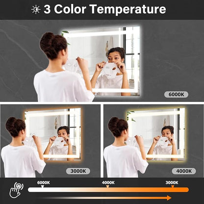 XRAMFY 40"X40" LED Bathroom Mirror, Backlit + Front Lit Wall Mirror | LED Bathroom Mirror with Lights for Wall, 3 Colors, Anti-Fog, Dimmable Brightness, Tempered Glass