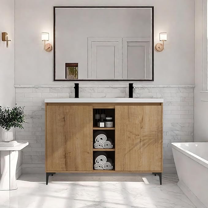 Freestanding Bathroom Vanity, 48" Bathroom Storage Cabinet with Double Resin Sinks, 2 Soft-Close Doors & 3 Open Storage Shelves, Floor Vanity with Adjustable Shelf & Black Tripod Base, Oak