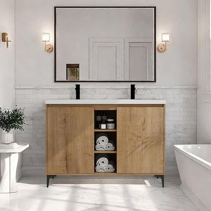 Freestanding Bathroom Vanity, 48" Bathroom Storage Cabinet with Double Resin Sinks, 2 Soft-Close Doors & 3 Open Storage Shelves, Floor Vanity with Adjustable Shelf & Black Tripod Base, Oak