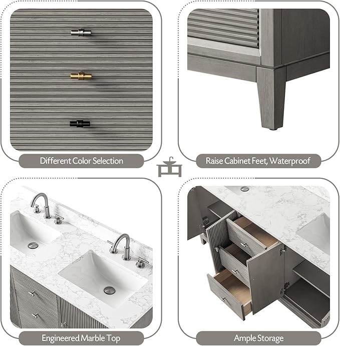 Vanity Art 72" Bathroom Vanity with Double Sink & Arabescato White Engineered Stone Top, Vanity Cabinet with Soft Closing Door, Solid Wood Frame, Golden Brushed Handles, Driftwood Gray VA8172D-DG-GB