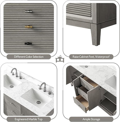 Vanity Art 72" Bathroom Vanity with Double Sink & Arabescato White Engineered Stone Top, Vanity Cabinet with Soft Closing Door, Solid Wood Frame, Golden Brushed Handles, Driftwood Gray VA8172D-DG-GB