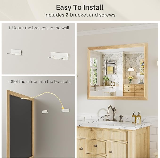 72x32 Inch Bathroom Mirror for Wall, Anti-Rust Oak Wood Grain Metal Framed Bathroom Mirrors for Over Sink,Rectangler Mirrors for Bathroom Vanity, Farmhouse, Bedroom, Living Room, Entryway Decor
