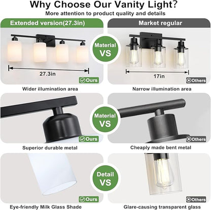 4-Light Bathroom Vanity Lights, Modern Vanity Lighting with Milky White Shades, Anti-Rust Black Bathroom Light Fixtures Over Mirror, Bathroom Wall Lamp for Mirror Bathroom Living Room Cabinet
