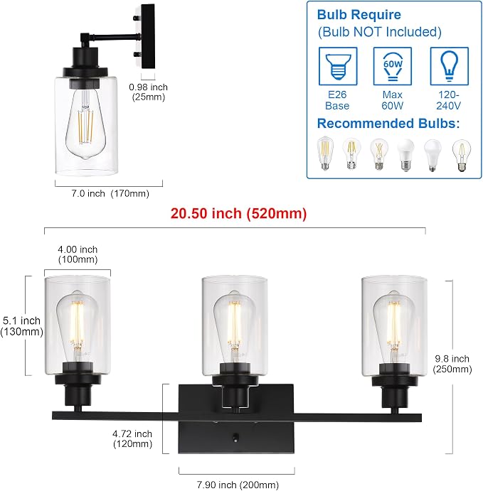 MELUCEE Bathroom Vanity Light Fixtures 3 Lights Black with Clear Glass | Metal Wall Sconce for Bedroom Living Room Hallway Kitchen (Patent No.: US D963914 S) 20.5 Inch