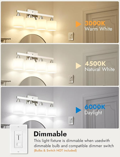 VOLISUN Brushed Nickel Bathroom Light Fixtures, 4-Light Bathroom Vanity Lights Over Mirror, Modern Vanity Light for Bathrooms, Bathrooms Lights Fixtures Over Mirror with Milky White Glass Shades