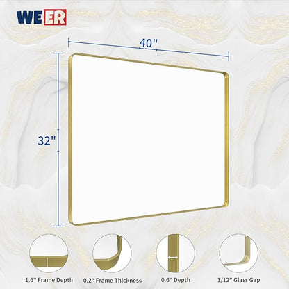 WEER 40X32 Inch Gold Bathroom Vanity Mirror | Rounded Rectangle Gold Mirror, Brushed Gold Metal Frame, Tempered Glass, Anti-Rust, Hangs Horizontally or Vertically