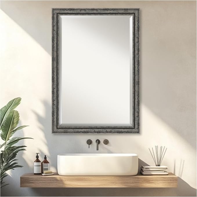 Amanti Art Black Bathroom Mirror for Over Sink, 28x40 Filigree Matte Black Rectangle Vanity Mirror, Large Traditional Frame, Hangs Horizonally and Vertically, Bathroom Wall Decor, Beveled Edge