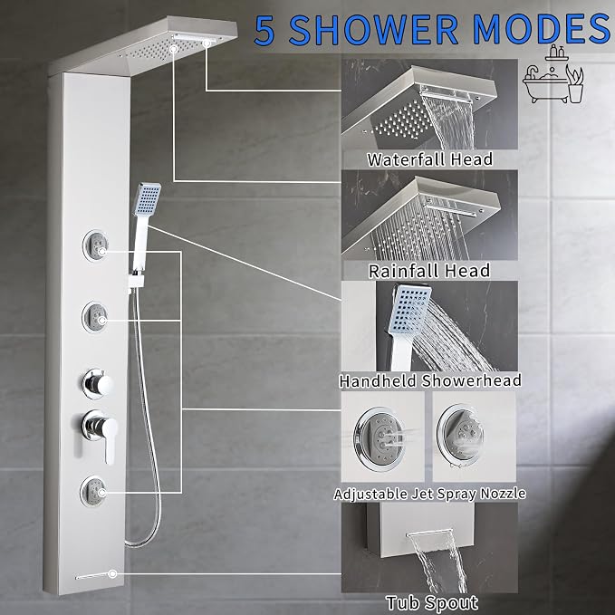 6 in1 Multi-Function Shower Panel Tower System-Brushed Gray | 304 stainless steel Shower Panel Column Tower with Powerful Body Massage, Rainfall, Waterfall,Handheld and Tub Spout