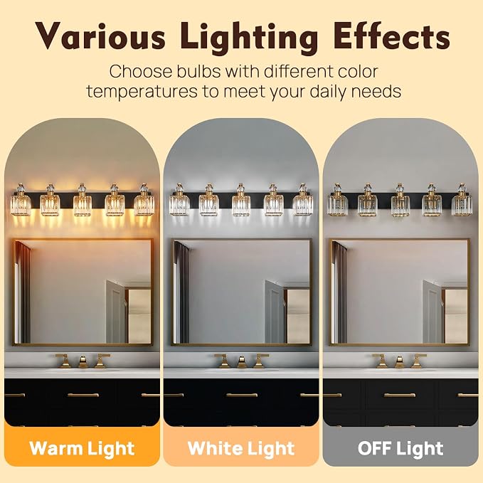 Modern Bathroom Vanity Light, 5-Light Black Gold Bathroom Lighting Fixtures Over Mirror, 36.3" Crystal Wall Light Sconce for Bathroom/Bedroom/Vanity, Includes LED Bulbs, Easy Installation