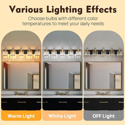 Modern Bathroom Vanity Light, 5-Light Black Gold Bathroom Lighting Fixtures Over Mirror, 36.3" Crystal Wall Light Sconce for Bathroom/Bedroom/Vanity, Includes LED Bulbs, Easy Installation