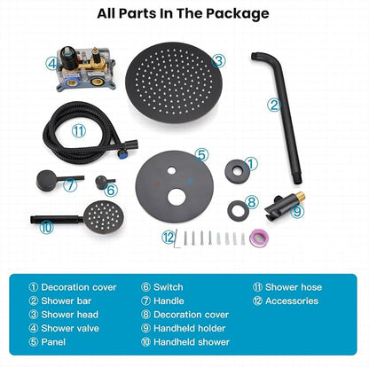 gotonovo High Pressure Shower System Valve and Trim Kit,Oil Rubbed Bronze | Round Rain 10 Inch Shower Head with Handheld Faucet Set Complete,Rough In Valve,2-in-1 Diverter,All Metal,Bathroom Wall Mount