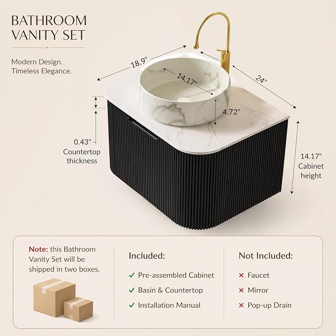 24 Inch Bathroom Vanity with Sink, Floating Wall Mounted Single Sink Vanity for Small Baths, Black Curved Fluted Front, Stone Top, Marble-Look Round Vessel Basin, Pre-Assembled