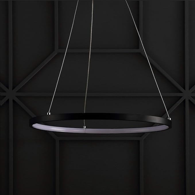 JONATHAN Y 15.75" Matte Black Modern Integrated LED Pendant Light, Dimmable Round Hoop Chandelier for Kitchen Island, Dining Room, Adjustable Height Metal Hanging Light JYL7202A
