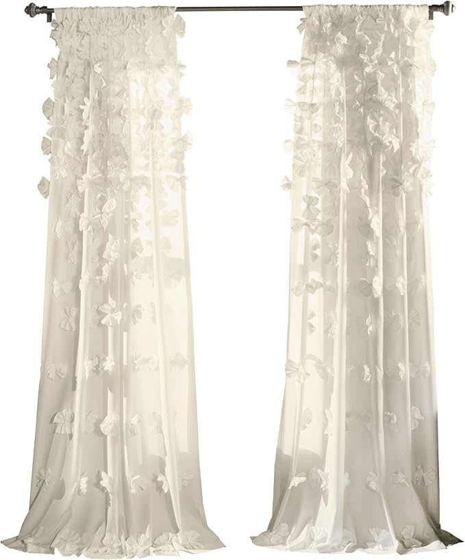 Lush Decor Riley Light Filtering Window Curtain Panel, Single 54" W x 84" L, Ivory - Cute Curtains for Bedroom - Bow Decor - Coquette Curtains for Windows