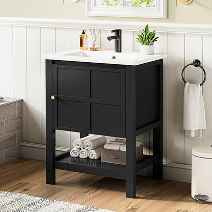 24 Inch Bathroom Vanity with Sink, Small Farmhouse Freestanding Bathroom Cabinet Combo Set, Soft Closing Door and Open Storage Shelf, Black