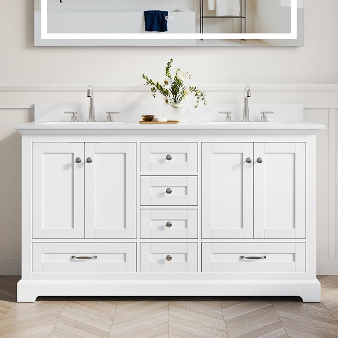 WELLFOR 60" Bathroom Vanity with Double Sinks, Bathroom Freestanding Vanity W/4 Soft-Close Doors and 6 Drawers, Large Storage Space Vanity, Engineered Stone Countertop Bathroom Vanity with Sink, White