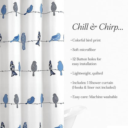 Lush Decor Rowley Birds Shower Curtain, 72” W x 72” L, Navy - Colorful Floral Bird Pattern - Whimsical & Playful Bird Shower Curtain - Farmhouse, Coastal, & Boho Bathroom Decor