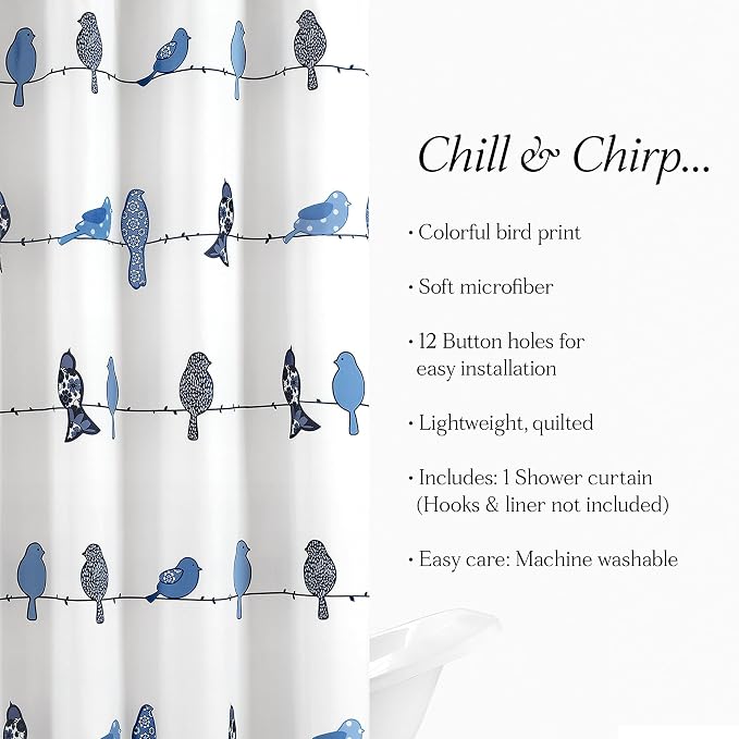 Lush Decor Rowley Birds Shower Curtain, 72” W x 72” L, Navy - Colorful Floral Bird Pattern - Whimsical & Playful Bird Shower Curtain - Farmhouse, Coastal, & Boho Bathroom Decor (Pack of 6)