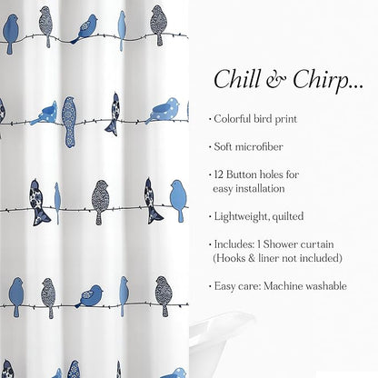 Lush Decor Rowley Birds Shower Curtain, 72” W x 72” L, Navy - Colorful Floral Bird Pattern - Whimsical & Playful Bird Shower Curtain - Farmhouse, Coastal, & Boho Bathroom Decor (Pack of 6)