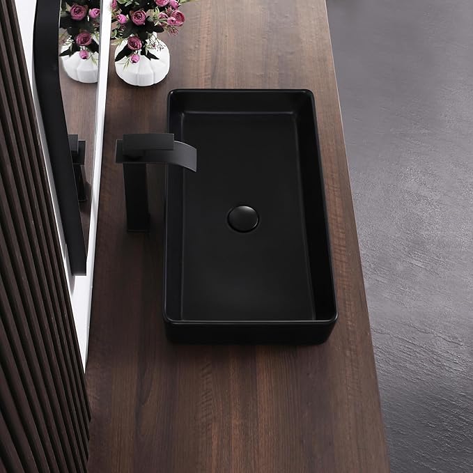 Black Vessel Sink Rectangle 24"x14" Bathroom Sink Above Counter Porcelain Ceramic Small Sink Bowl Ceramic Vessel Sinks for Bathrooms