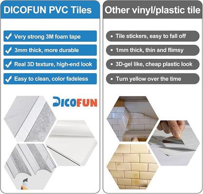 DICOFUN 10-Sheet Grey & White Marble Peel and Stick Backsplash for Kitchen, PVC Stick on Backsplash Wall Tiles