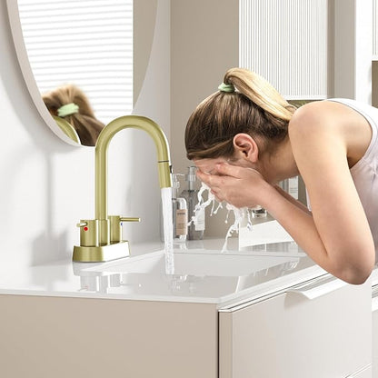 Brushed Gold Bathroom Faucet with Pull Out Sprayer, Dual-Function Spout Gold Bathroom Sink Faucets, 4 Inch Two Handle Utility Sink Faucet with Sprayer 3 Hole, Easy Pet Shower, RVs