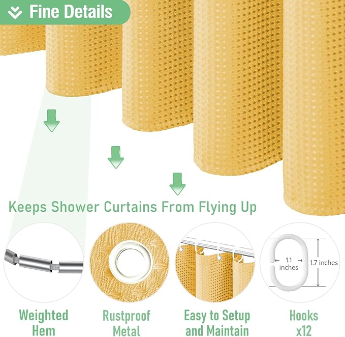 Long Waffle Shower Curtain 256 GSM Heavy Fabric 72x78 Gold | 78 Inch Long, Thick Cloth, Weighted Hem, Water Repellent, Tall Hotel Luxury Polyester Shower Curtains for Bathroom 12 Hooks