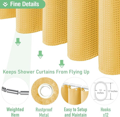 Extra Long Waffle Shower Curtain 256 GSM Fabric 72x96 Gold | 96 Inch Tall, Thick Cloth, Weighted Hem, Water Repellent, Hotel Luxury Polyester Shower Curtain Set for Bathroom 12 Hooks