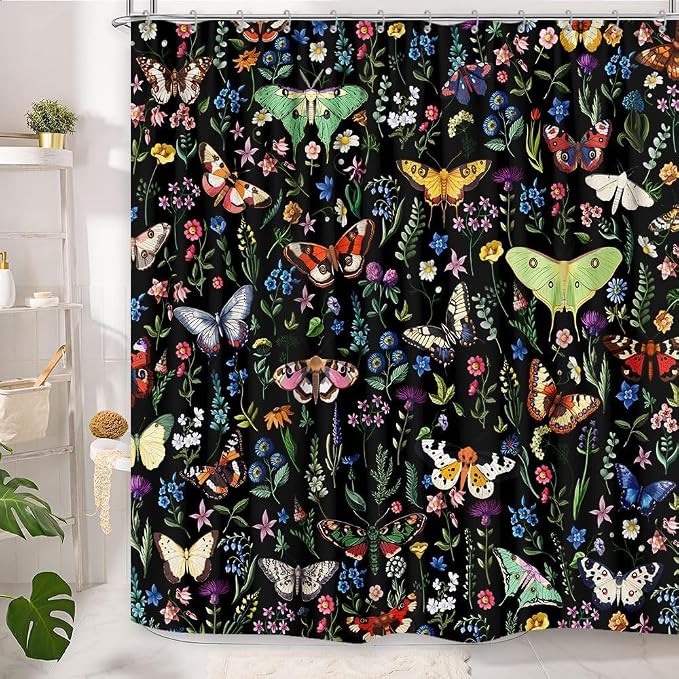 Boho Butterfly Floral Shower Curtain, Bright Abstract Bohemian Plant Flower Botanical Moth, Black Modern Aesthetic Chic Fabric Shower Curtain Bathroom Accessories 12 Pack Hooks, 72X78