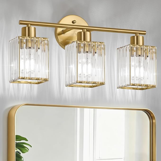 3 Light Bathroom Light Fixtures, Modern Crystal Vanity Lights over Mirror | Metal Frame, Bathroom Light with Square Crystal Shade, ETL Certified, E26 Ceramic Socket, Bulbs Not Included