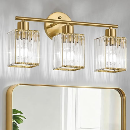 3 Light Bathroom Light Fixtures, Modern Crystal Vanity Lights over Mirror | Metal Frame, Bathroom Light with Square Crystal Shade, ETL Certified, E26 Ceramic Socket, Bulbs Not Included