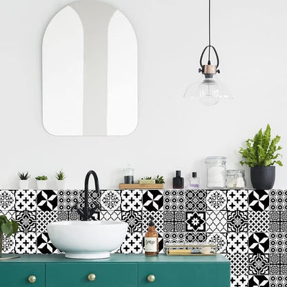 Easy Peel Stick Vinyl wall Tile Decals 6x6in Stick on backsplash,12Pc | Waterproof&heat resistant tile stickers for kitchen RV laundry backsplash decor,remove no damaging,black white tile